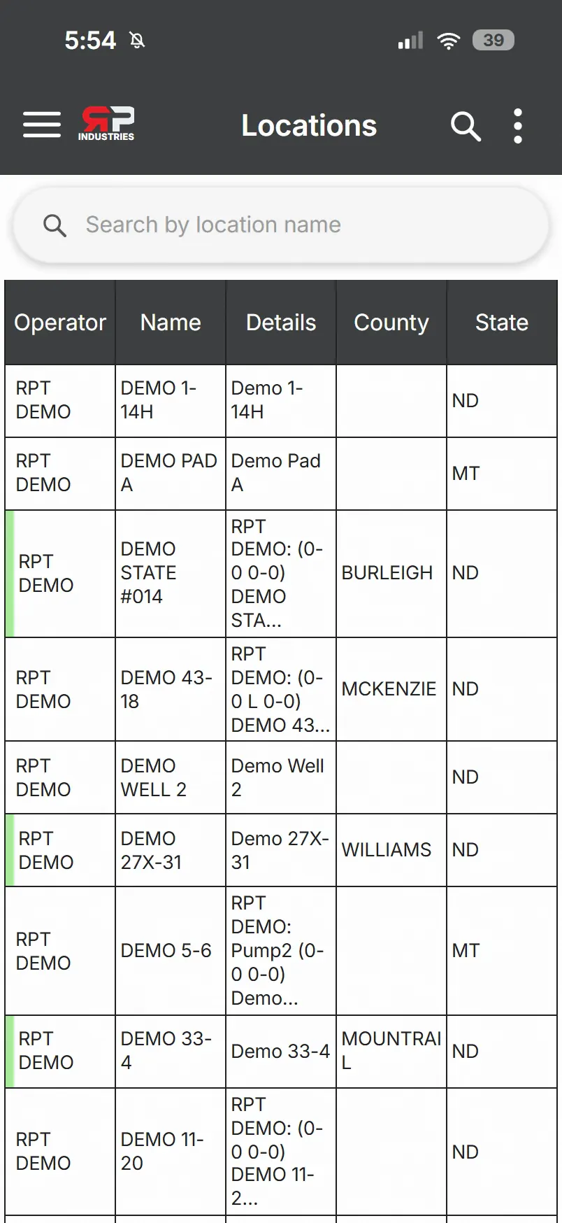 The Locations list in RPT Mobile: operator, name, details, county and state, with search by location name