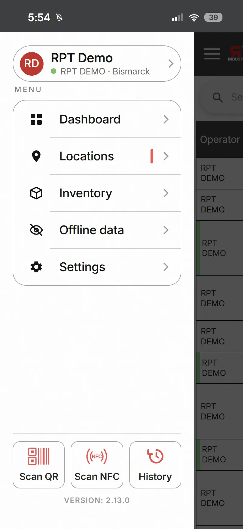 The RPT Mobile menu: Dashboard, Locations, Inventory, Offline data, Settings, with Scan QR, Scan NFC and History buttons