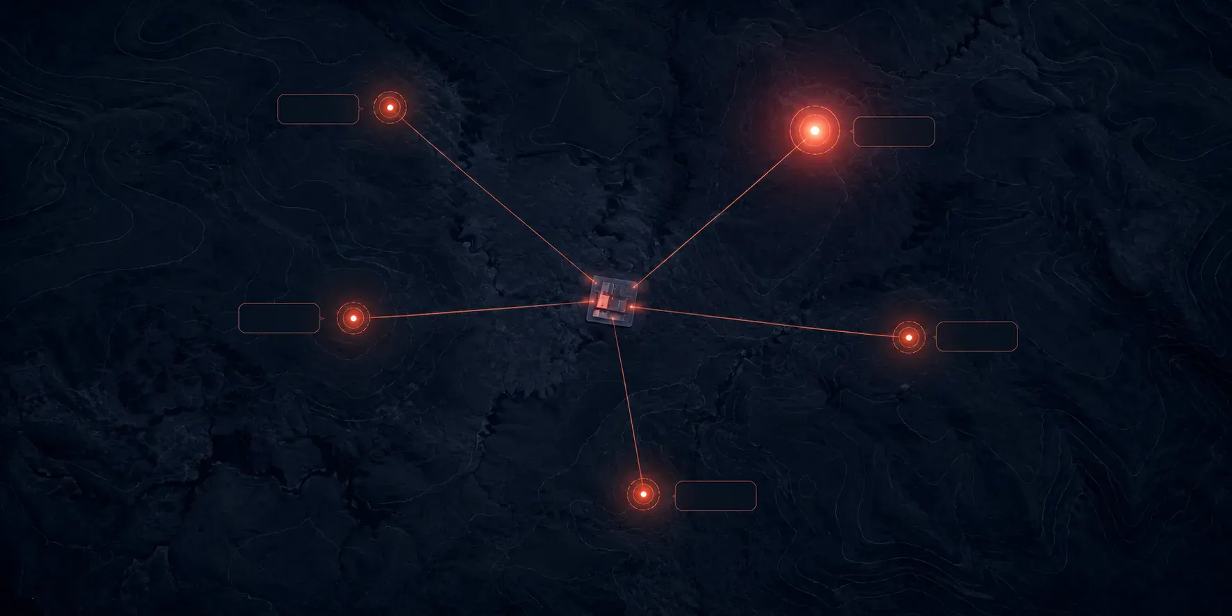 A dark site map with five glowing markers linked to a central hub