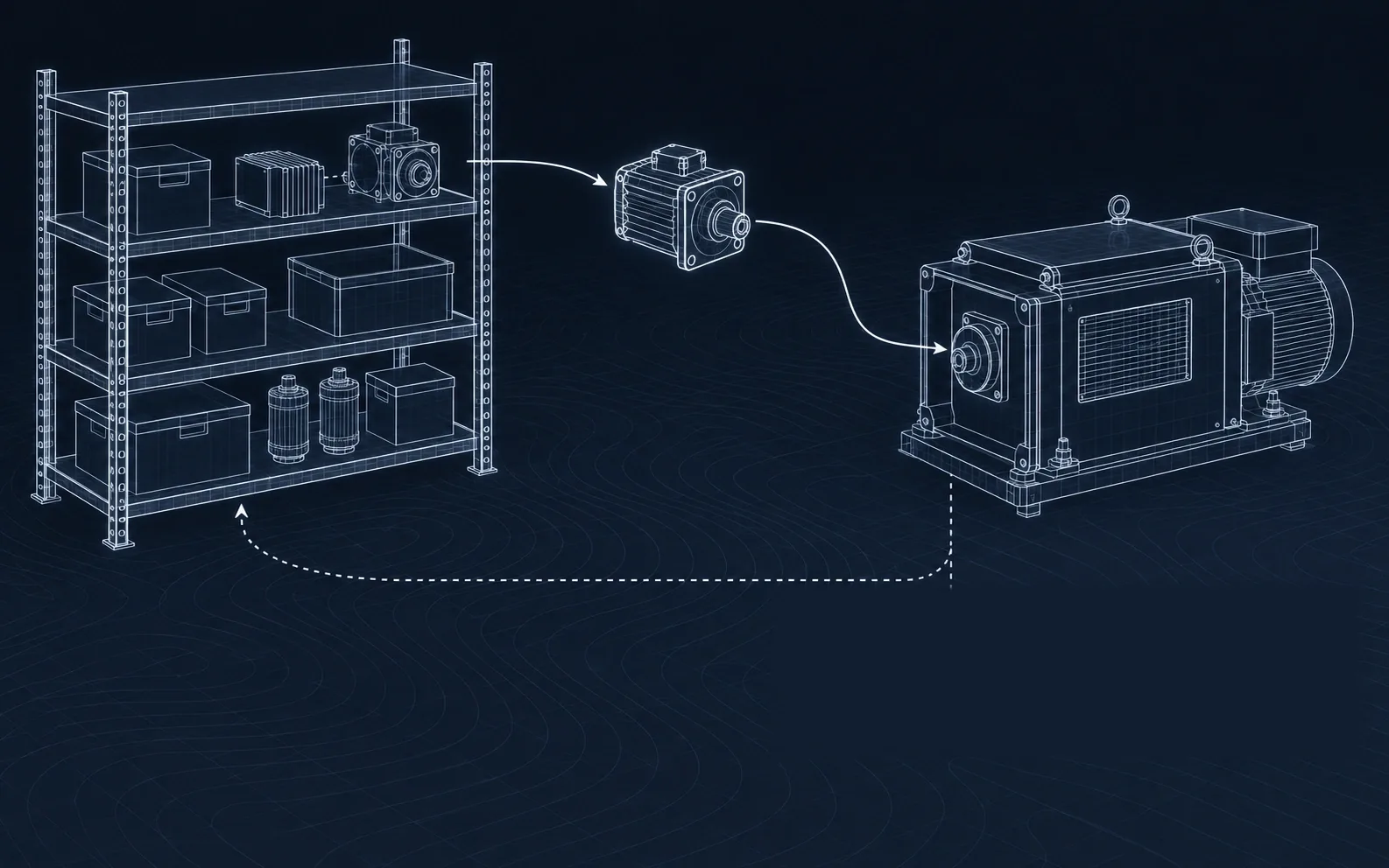 Line drawing of a parts shelf, one part pulled and fitted to a unit, a dashed return line and two ticket cards