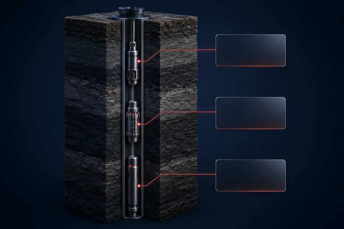 A cutaway wellbore through rock layers with three downhole components called out