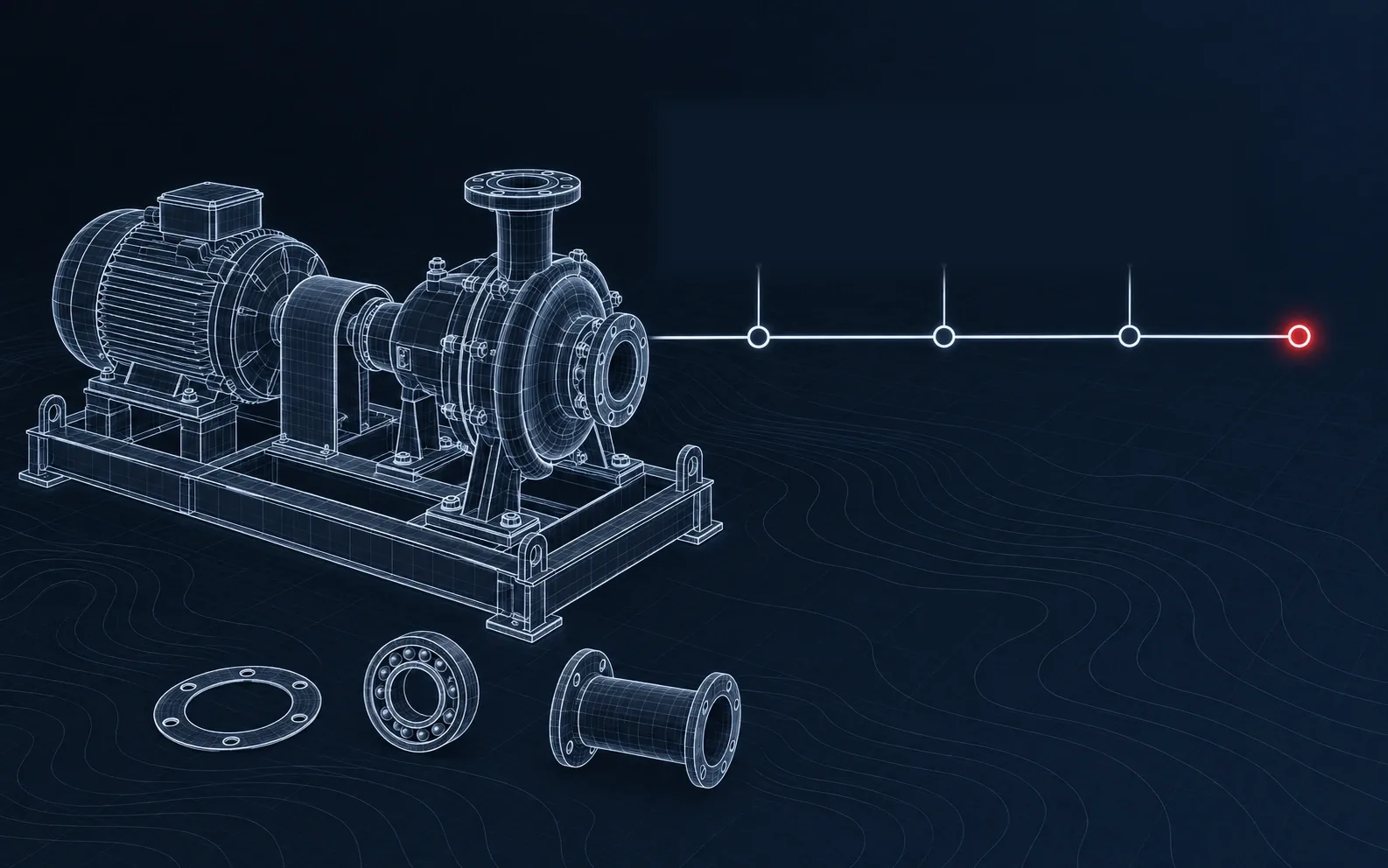 Line drawing of a pump and motor on a skid beside a service timeline with report cards, replaced parts laid out below