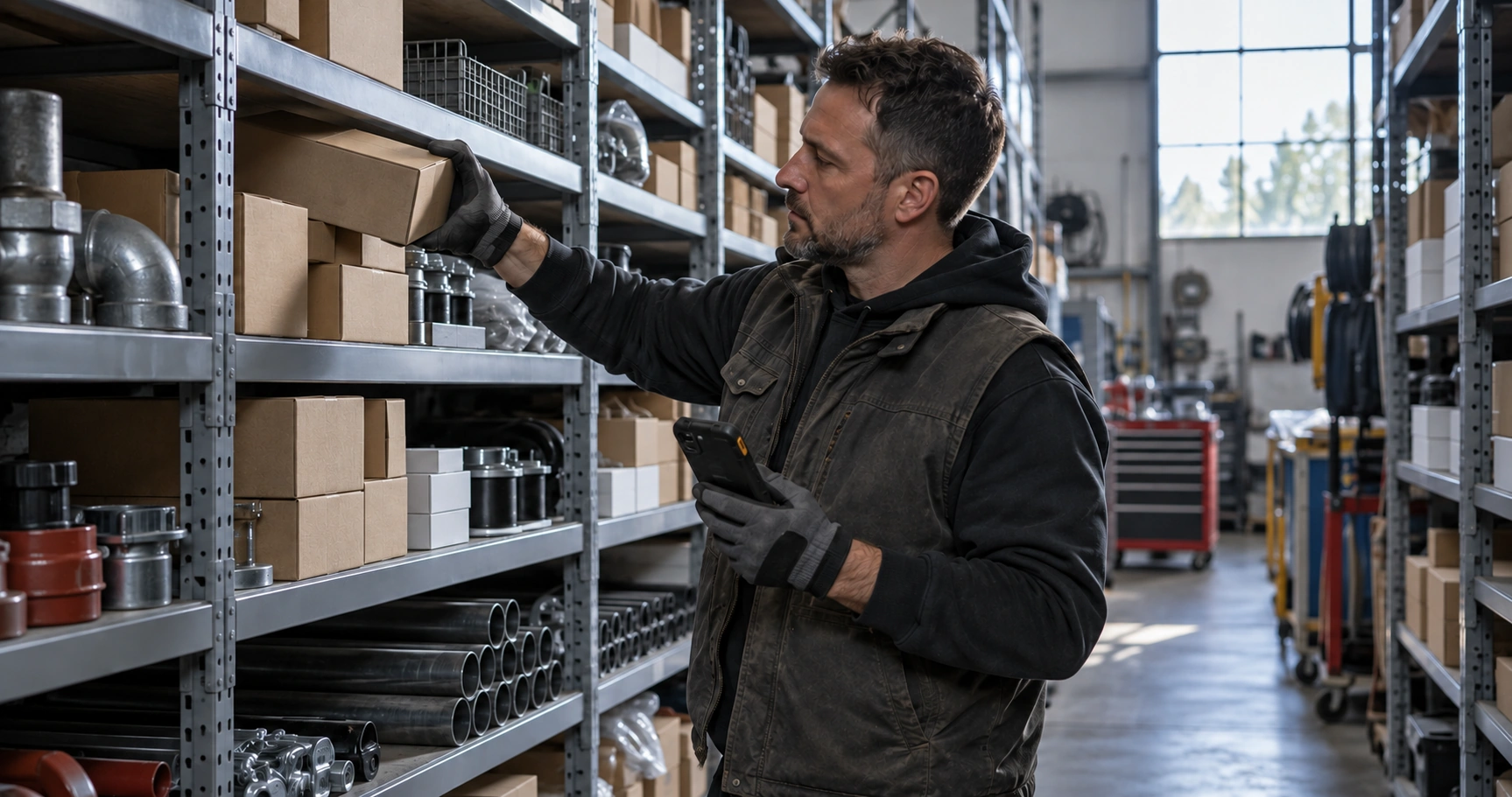 A parts store aisle with a worker lifting a box from steel racking, a rugged phone in hand