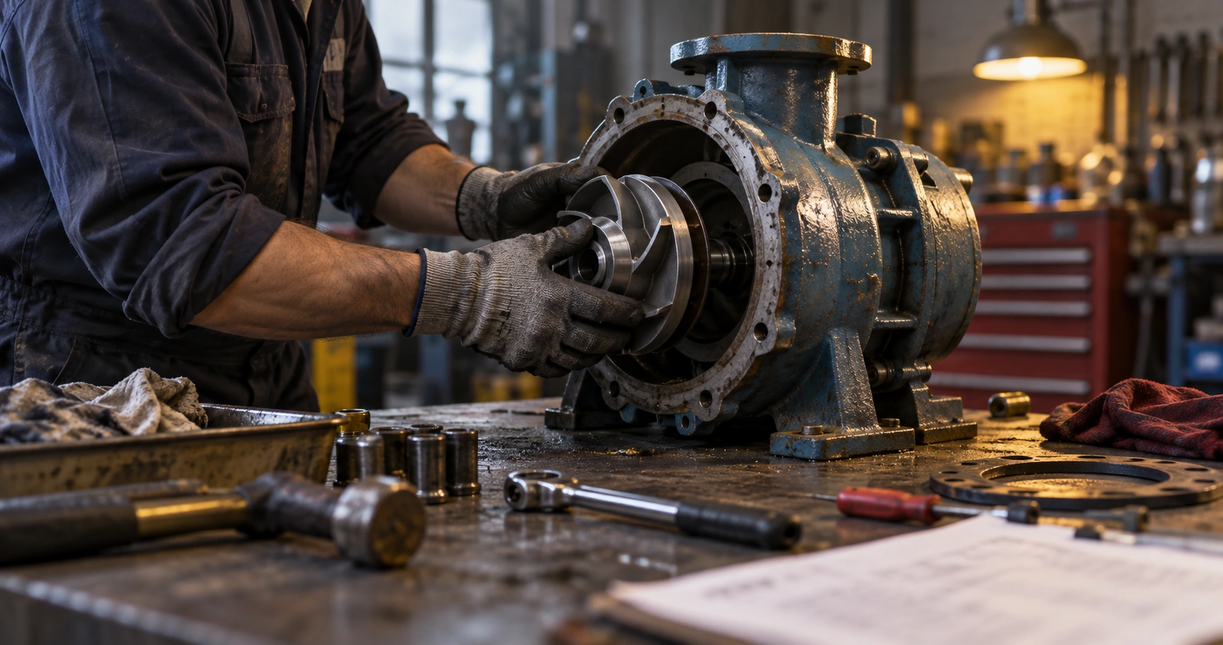 Gloved hands fitting an impeller into an opened pump housing on a shop bench