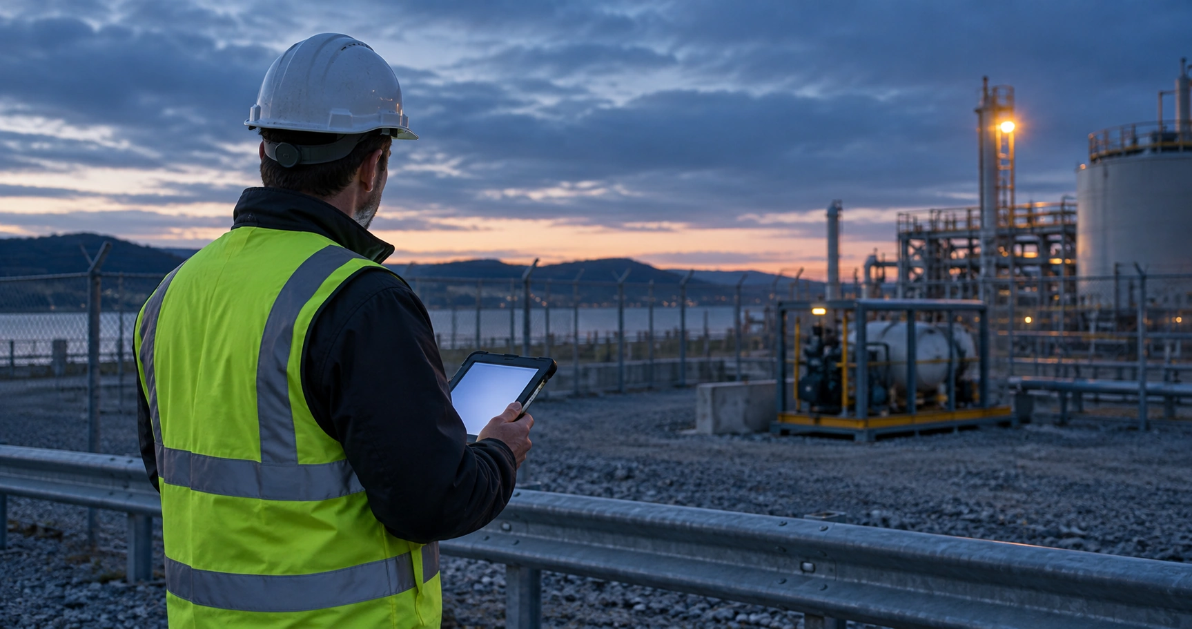 A worker in a hard hat and hi-vis vest holding a tablet at a fenced industrial site at dusk