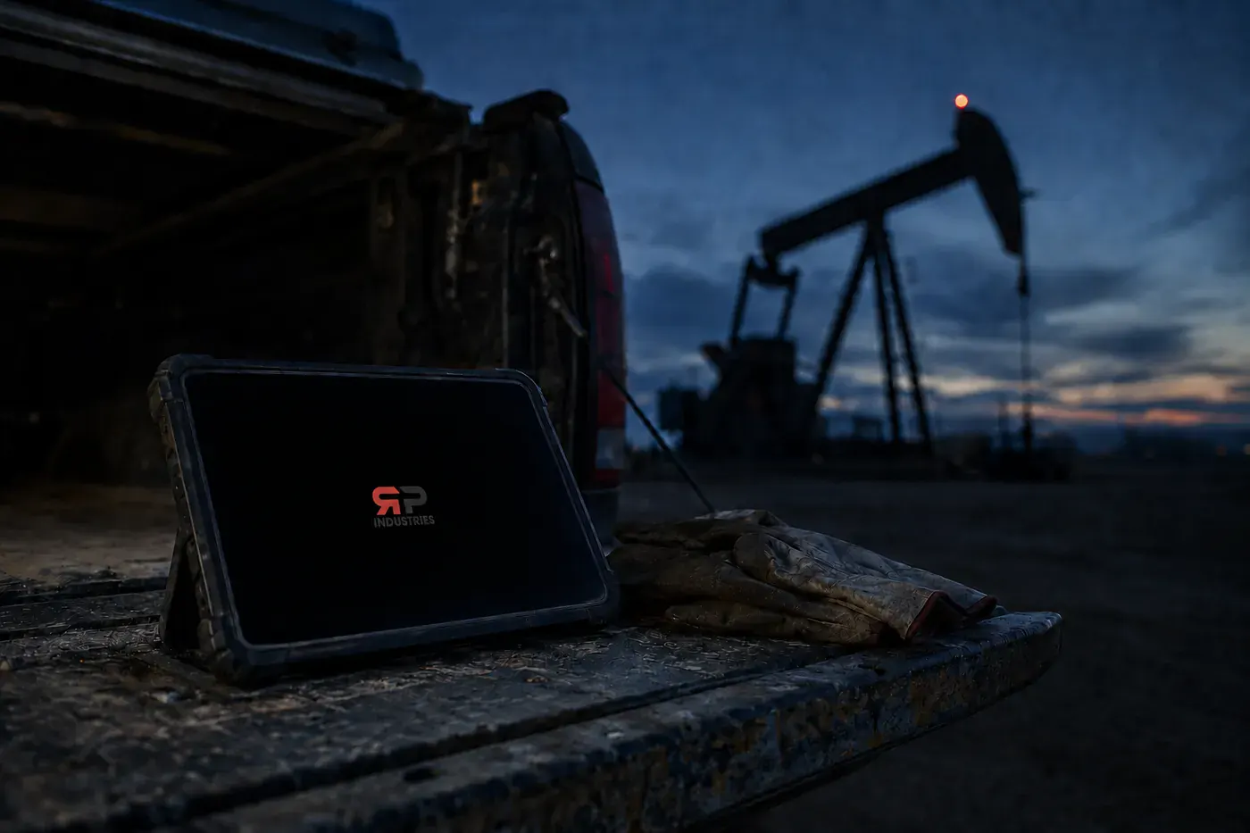 A rugged tablet running RPT Mobile on a truck tailgate, a pumpjack behind it