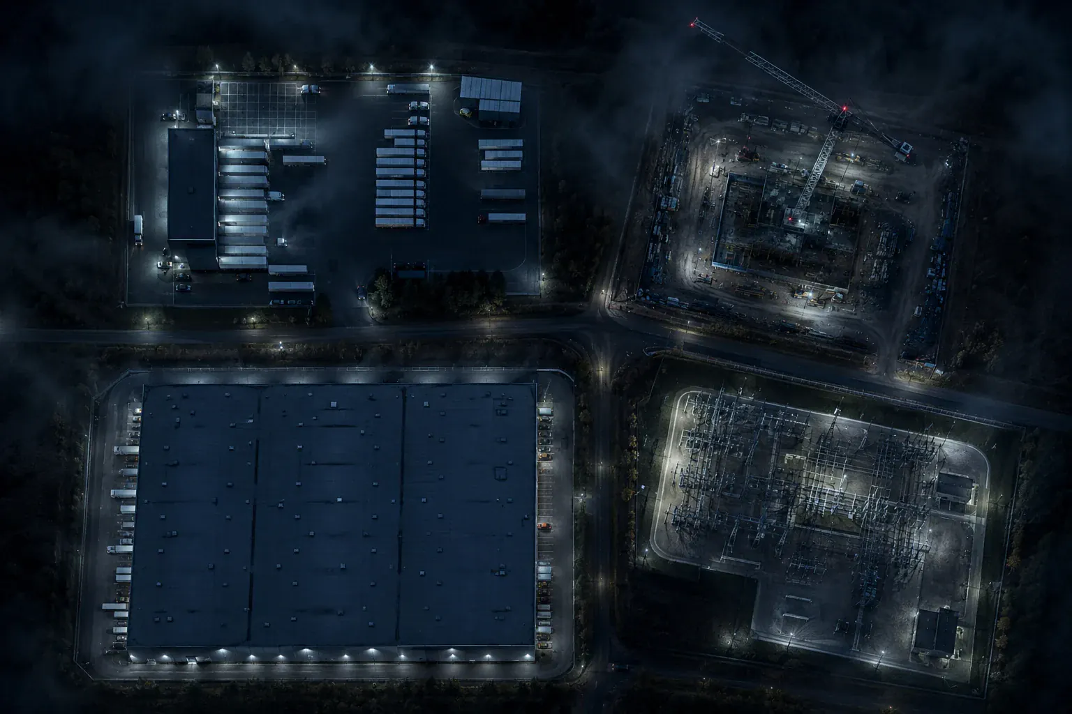 Aerial view of an industrial plant and yard at night