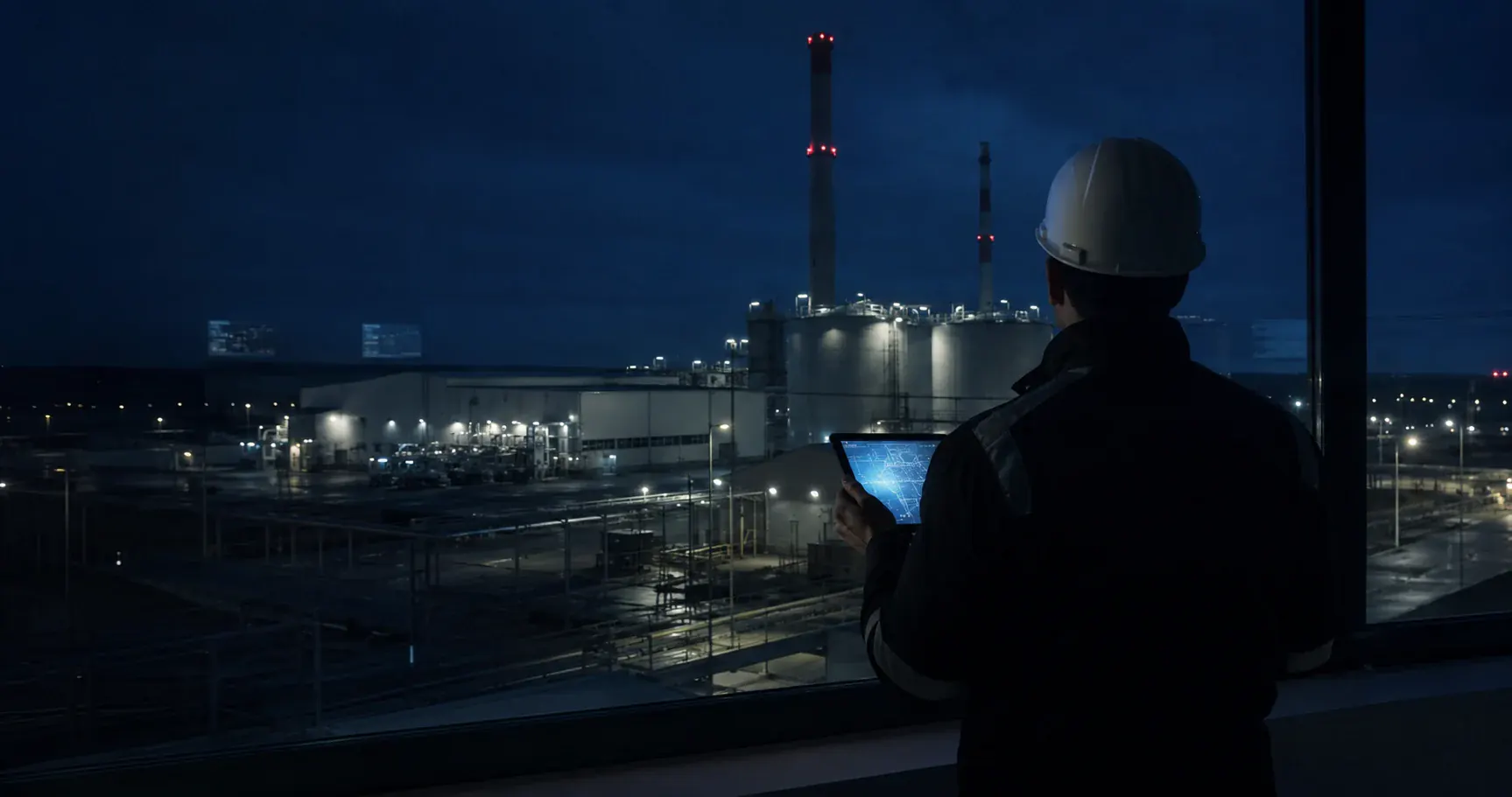 A worker in a hard hat holding a tablet, looking out over a lit plant at night