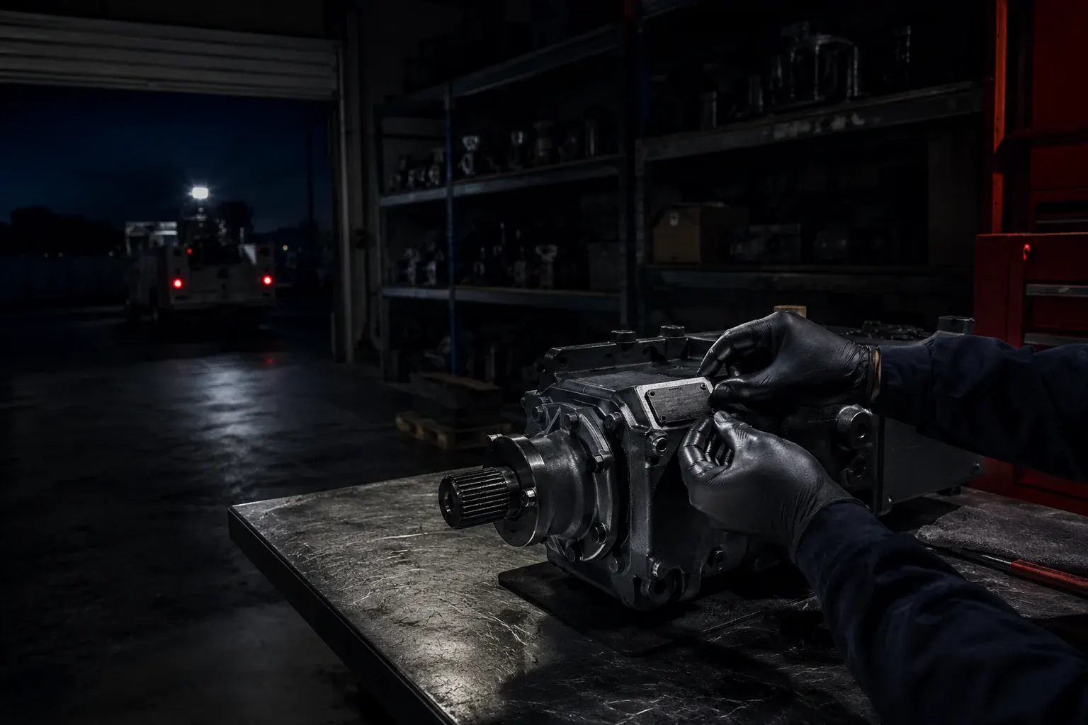 Hands rebuilding a pump on a shop bench